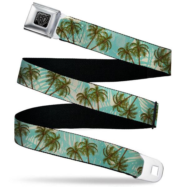 Buckle-Down BD Wings Logo CLOSE-UP Black/Silver Seatbelt Belt - Palm Trees Swaying Tan/Teal Webbing