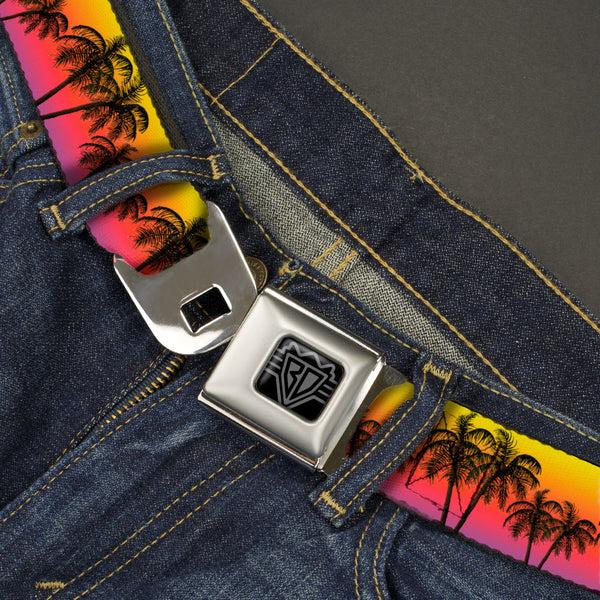 Buckle-Down BD Wings Logo CLOSE-UP Black/Silver Seatbelt Belt - Palm Trees Sunset Fade/Black Webbing