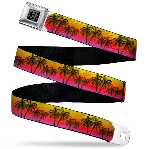 Buckle-Down BD Wings Logo CLOSE-UP Black/Silver Seatbelt Belt - Palm Trees Sunset Fade/Black Webbing