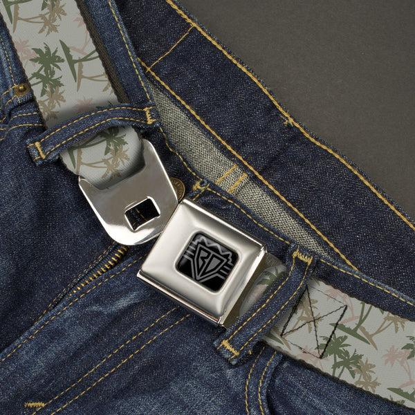 Buckle-Down BD Wings Logo CLOSE-UP Black/Silver Seatbelt Belt - Palm Trees Silhouette Scattered Tan/Browns Webbing