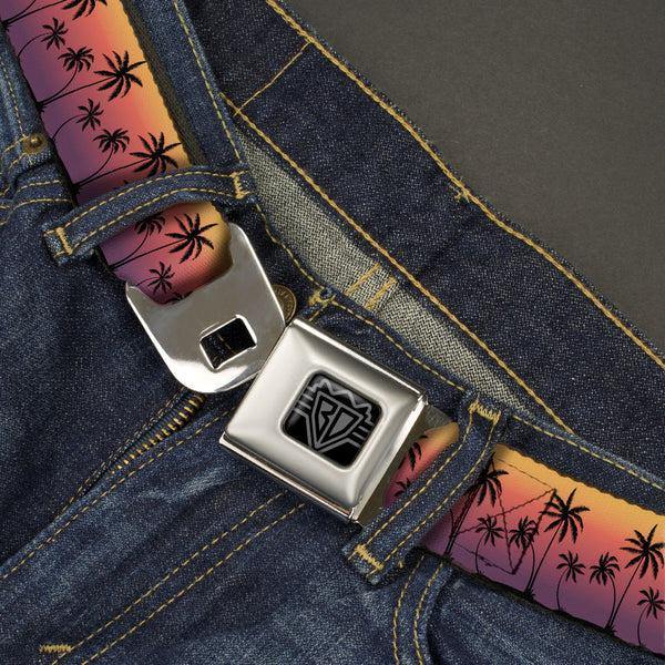 Buckle-Down BD Wings Logo CLOSE-UP Black/Silver Seatbelt Belt - Palm Treeline Silhouette Sunset Fade/Black Webbing