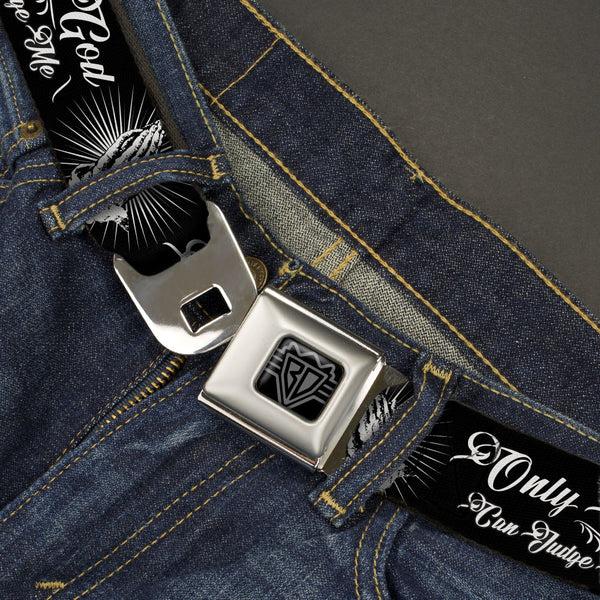 Buckle-Down BD Wings Logo CLOSE-UP Black/Silver Seatbelt Belt - ONLY GOD CAN JUDGE ME Script/Praying Hands2 Black/White Webbing
