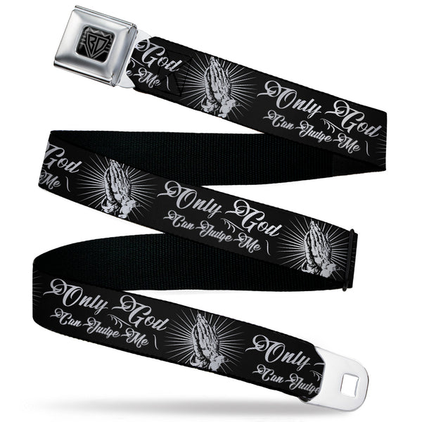 Buckle-Down BD Wings Logo CLOSE-UP Black/Silver Seatbelt Belt - ONLY GOD CAN JUDGE ME Script/Praying Hands2 Black/White Webbing