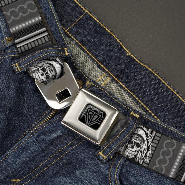 Buckle-Down BD Wings Logo CLOSE-UP Black/Silver Seatbelt Belt - Native American Skull W/CLOSE-UP Black/Grays/White Webbing
