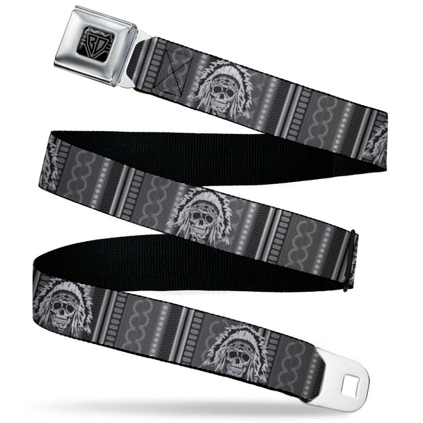 Buckle-Down BD Wings Logo CLOSE-UP Black/Silver Seatbelt Belt - Native American Skull w/CLOSE-UP Black/Grays/White Webbing
