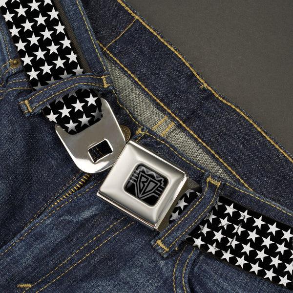 Buckle-Down BD Wings Logo CLOSE-UP Black/Silver Seatbelt Belt - Mini Stars Outline Black/White Webbing