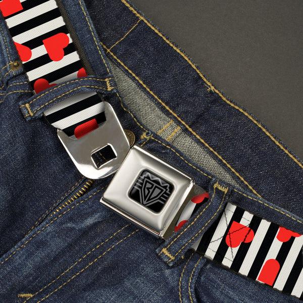 Buckle-Down BD Wings Logo CLOSE-UP Black/Silver Seatbelt Belt - Hearts Scattered/Stripe White/Black/Red Webbing