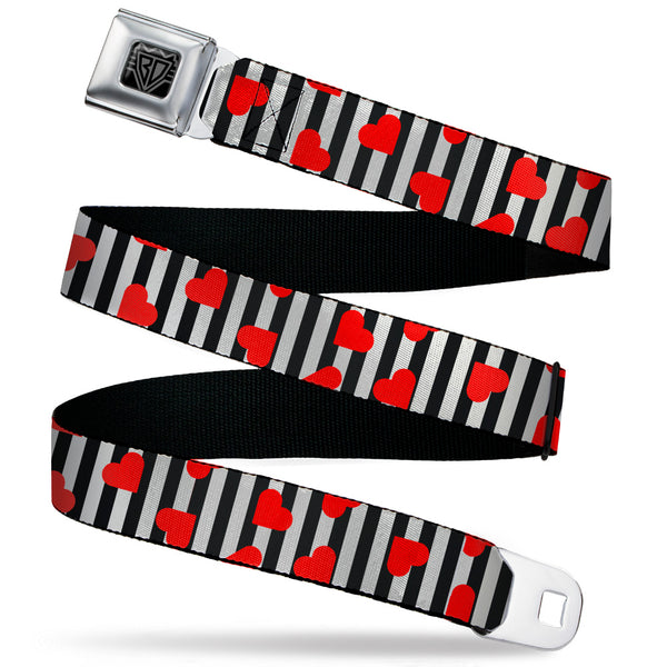 Buckle-Down BD Wings Logo CLOSE-UP Black/Silver Seatbelt Belt - Hearts Scattered/Stripe White/Black/Red Webbing