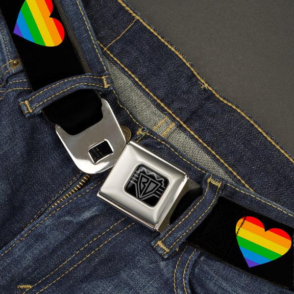 Buckle-Down BD Wings Logo CLOSE-UP Black/Silver Seatbelt Belt - Heart Striping Black/Rainbow Webbing