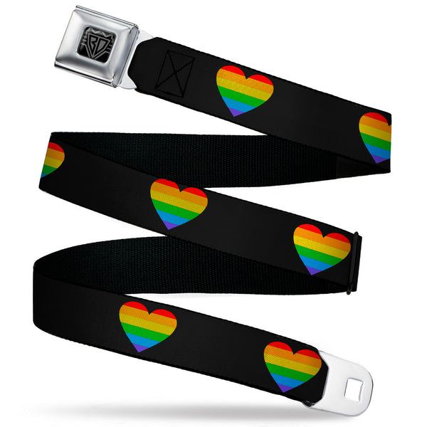 Buckle-Down BD Wings Logo CLOSE-UP Black/Silver Seatbelt Belt - Heart Striping Black/Rainbow Webbing