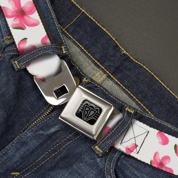 Buckle-Down BD Wings Logo CLOSE-UP Black/Silver Seatbelt Belt - Flowers/Petals Scattered White/Pinks Webbing