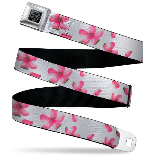 Buckle-Down BD Wings Logo CLOSE-UP Black/Silver Seatbelt Belt - Flowers/Petals Scattered White/Pinks Webbing