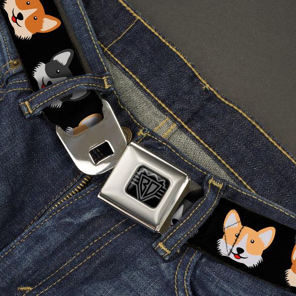 Buckle-Down BD Wings Logo CLOSE-UP Black/Silver Seatbelt Belt - Corgi 3-Faces Black Webbing
