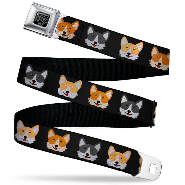 Buckle-Down BD Wings Logo CLOSE-UP Black/Silver Seatbelt Belt - Corgi 3-Faces Black Webbing