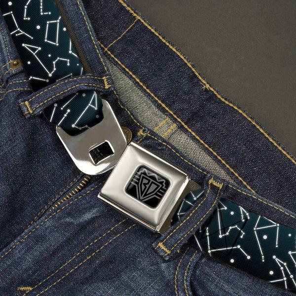 Buckle-Down BD Wings Logo CLOSE-UP Black/Silver Seatbelt Belt - Constellations Scattered Midnight Blue/White Webbing