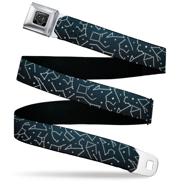 Buckle-Down BD Wings Logo CLOSE-UP Black/Silver Seatbelt Belt - Constellations Scattered Midnight Blue/White Webbing