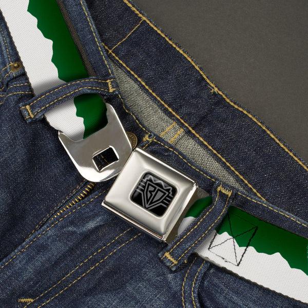 Buckle-Down BD Wings Logo CLOSE-UP Black/Silver Seatbelt Belt - Colorado Solid Mountains Green/White Webbing