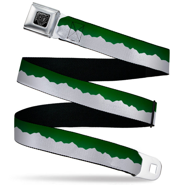 Buckle-Down BD Wings Logo CLOSE-UP Black/Silver Seatbelt Belt - Colorado Solid Mountains Green/White Webbing