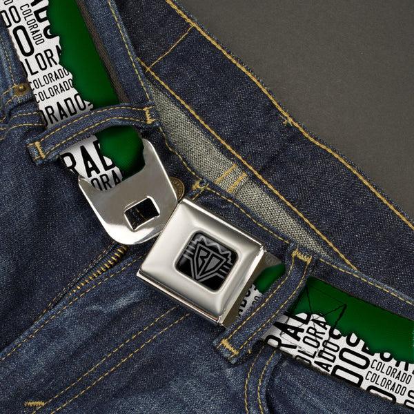 Buckle-Down BD Wings Logo CLOSE-UP Black/Silver Seatbelt Belt - Colorado Mountains Green/White/Black Text Webbing