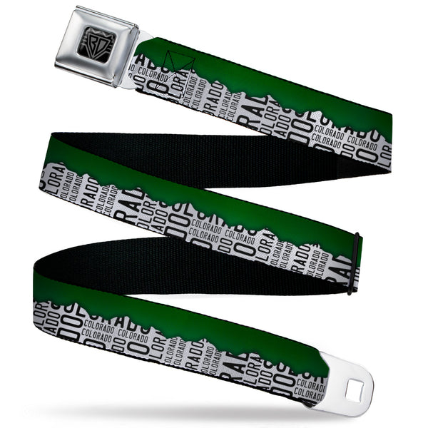 Buckle-Down BD Wings Logo CLOSE-UP Black/Silver Seatbelt Belt - Colorado Mountains Green/White/Black Text Webbing