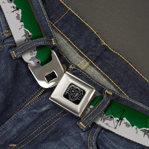 Buckle-Down BD Wings Logo CLOSE-UP Black/Silver Seatbelt Belt - Colorado Mountains Green/Grays Webbing