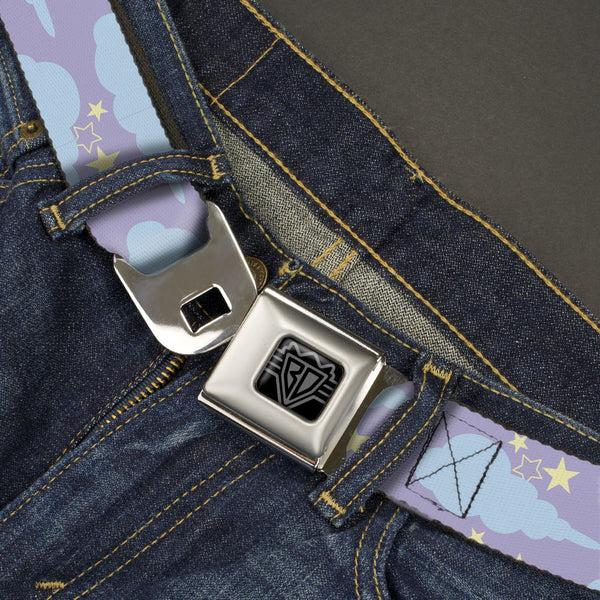 Buckle-Down BD Wings Logo CLOSE-UP Black/Silver Seatbelt Belt - Cloudy/Starry Sky Lavender/Blue/Yellow Webbing