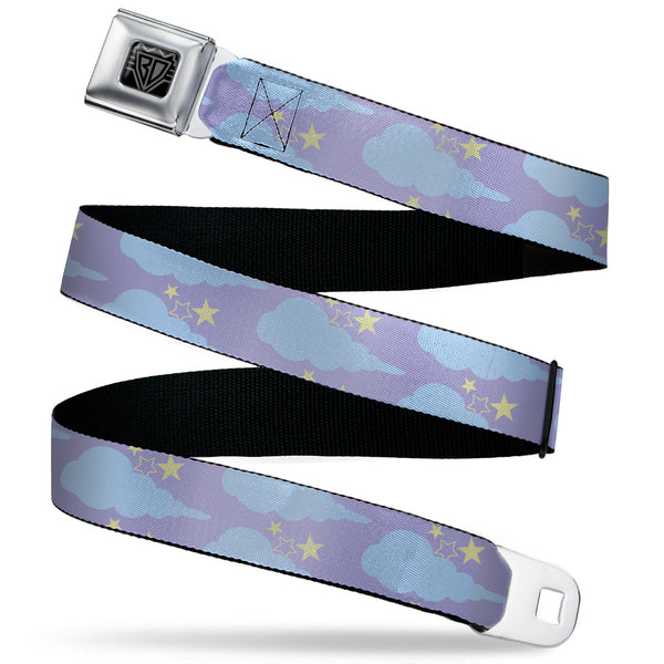Buckle-Down BD Wings Logo CLOSE-UP Black/Silver Seatbelt Belt - Cloudy/Starry Sky Lavender/Blue/Yellow Webbing