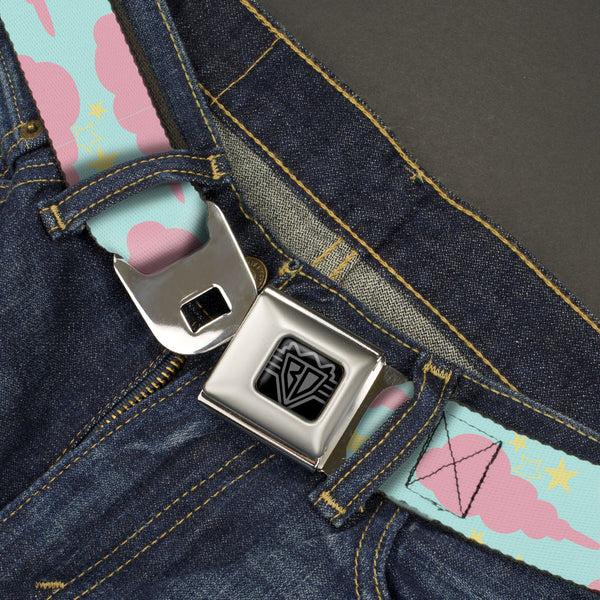 Buckle-Down BD Wings Logo CLOSE-UP Black/Silver Seatbelt Belt - Cloudy/Starry Sky Aqua/Pink/Yellow Webbing