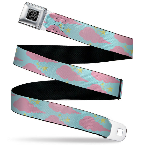 Buckle-Down BD Wings Logo CLOSE-UP Black/Silver Seatbelt Belt - Cloudy/Starry Sky Aqua/Pink/Yellow Webbing