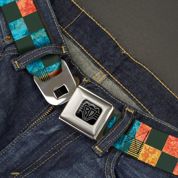 Buckle-Down BD Wings Logo CLOSE-UP Black/Silver Seatbelt Belt - Checkers Distressed Multi Color/Black Webbing