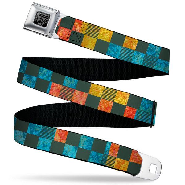 Buckle-Down BD Wings Logo CLOSE-UP Black/Silver Seatbelt Belt - Checkers Distressed Multi Color/Black Webbing