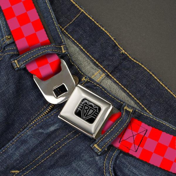 Buckle-Down BD Wings Logo CLOSE-UP Black/Silver Seatbelt Belt - Checker Fluorescent Orange/Pink Webbing