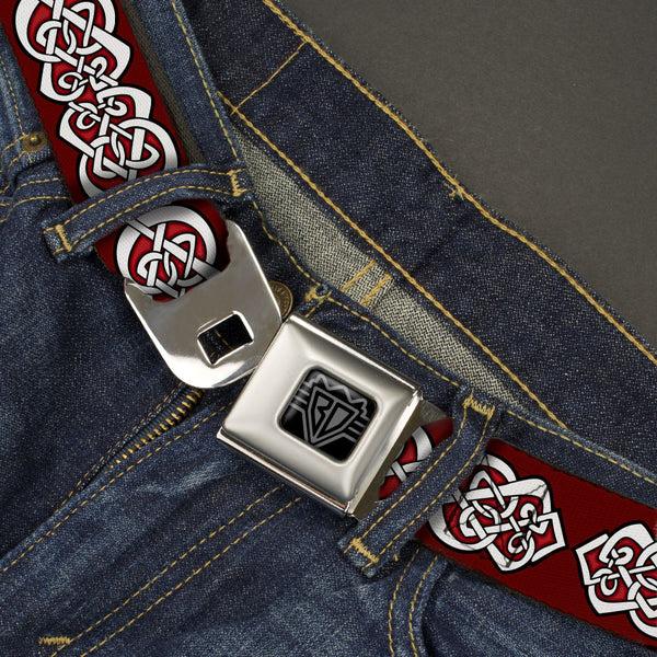 Buckle-Down BD Wings Logo CLOSE-UP Black/Silver Seatbelt Belt - Celtic Knot5 Reds/Black/White Webbing
