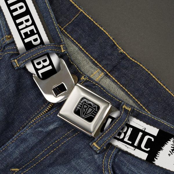 Buckle-Down BD Wings Logo CLOSE-UP Black/Silver Seatbelt Belt - CALIFORNIA REPUBLIC/Bear/Stars Silhouette Black/White Webbing