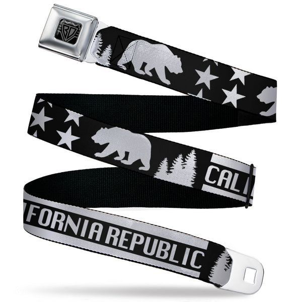 Buckle-Down BD Wings Logo CLOSE-UP Black/Silver Seatbelt Belt - CALIFORNIA REPUBLIC/Bear/Stars Silhouette Black/White Webbing