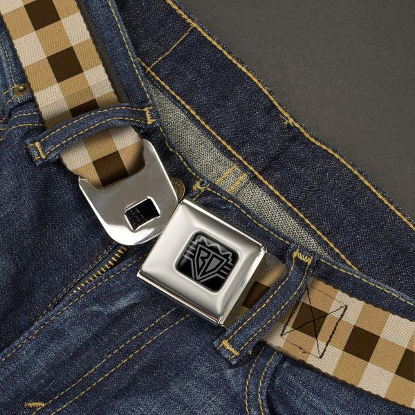Buckle-Down BD Wings Logo CLOSE-UP Black/Silver Seatbelt Belt - Buffalo Plaid Tans/Brown Webbing