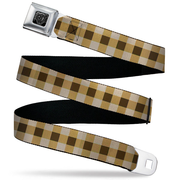 Buckle-Down BD Wings Logo CLOSE-UP Black/Silver Seatbelt Belt - Buffalo Plaid Tans/Brown Webbing
