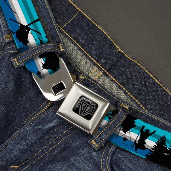 Buckle-Down BD Wings Logo CLOSE-UP Black/Silver Seatbelt Belt - Action Ski Pose/Tree Silhouettes/Stripes Blues/Black Webbing