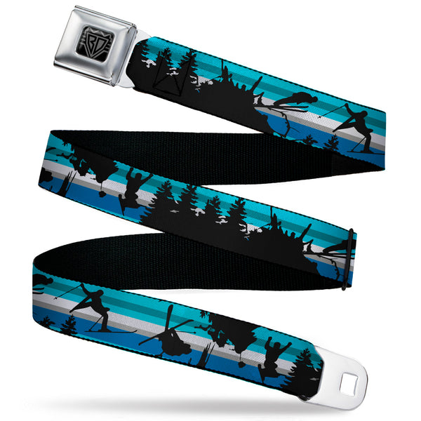 Buckle-Down BD Wings Logo CLOSE-UP Black/Silver Seatbelt Belt - Action Ski Pose/Tree Silhouettes/Stripes Blues/Black Webbing