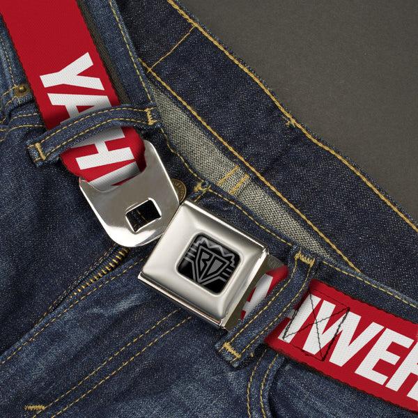 Buckle-Down BD Wings Logo CLOSE-UP Black/Silver Seatbelt Belt - YAHWEH Text Red/White Webbing