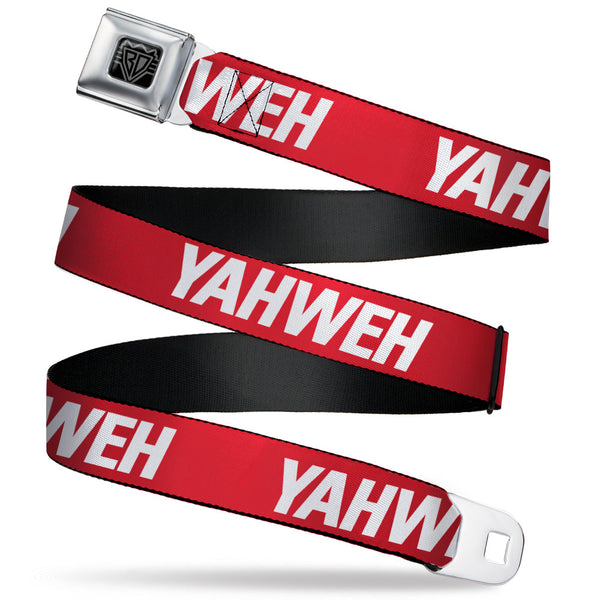 Buckle-Down BD Wings Logo CLOSE-UP Black/Silver Seatbelt Belt - YAHWEH Text Red/White Webbing