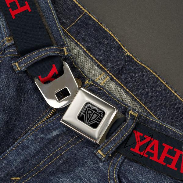 Buckle-Down BD Wings Logo CLOSE-UP Black/Silver Seatbelt Belt - YAHWEH Text Navy Blue/Red Webbing