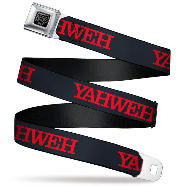 Buckle-Down BD Wings Logo CLOSE-UP Black/Silver Seatbelt Belt - YAHWEH Text Navy Blue/Red Webbing