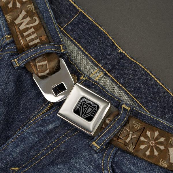 Buckle-Down BD Wings Logo CLOSE-UP Black/Silver Seatbelt Belt - Western WHISKEY Star With Text Shadow Repeat Browns/Tan Webbing