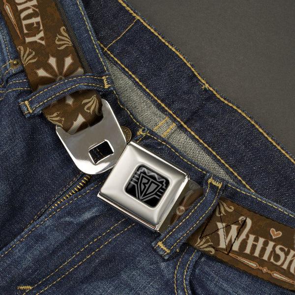 Buckle-Down BD Wings Logo CLOSE-UP Black/Silver Seatbelt Belt - Western WHISKEY Heart Repeat Browns/Tan Webbing