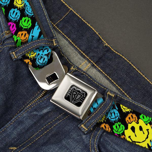 Buckle-Down BD Wings Logo CLOSE-UP Black/Silver Seatbelt Belt - Smiley Faces Melted Stacked Black/Multi Neon Webbing