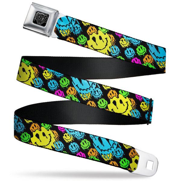 Buckle-Down BD Wings Logo CLOSE-UP Black/Silver Seatbelt Belt - Smiley Faces Melted Stacked Black/Multi Neon Webbing