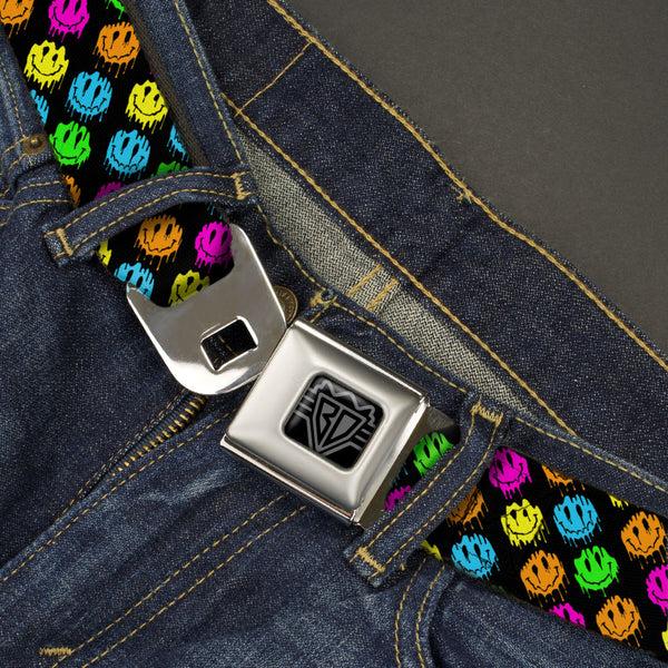 Buckle-Down BD Wings Logo CLOSE-UP Black/Silver Seatbelt Belt - Smiley Faces Melted Mini Repeat Angle Black/Multi Neon Webbing