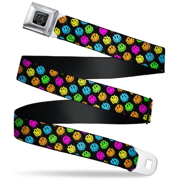 Buckle-Down BD Wings Logo CLOSE-UP Black/Silver Seatbelt Belt - Smiley Faces Melted Mini Repeat Angle Black/Multi Neon Webbing