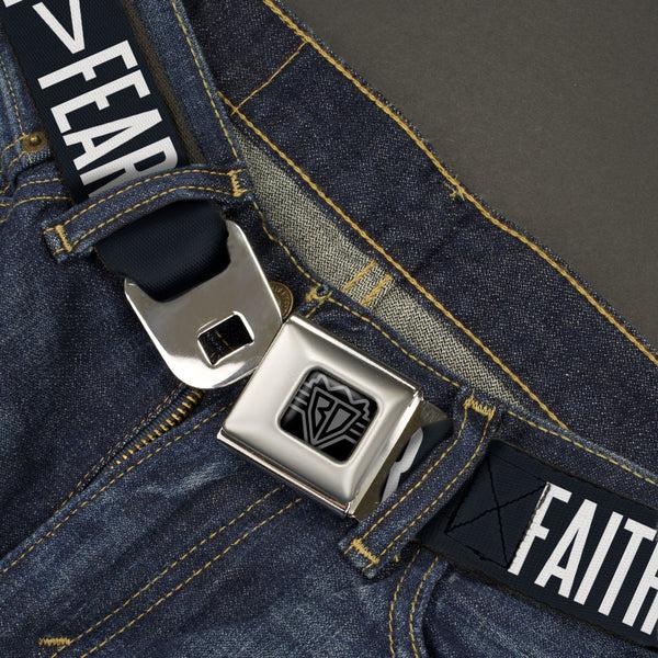 Buckle-Down BD Wings Logo CLOSE-UP Black/Silver Seatbelt Belt - FAITH Greater Than FEAR Navy Blue/White Webbing